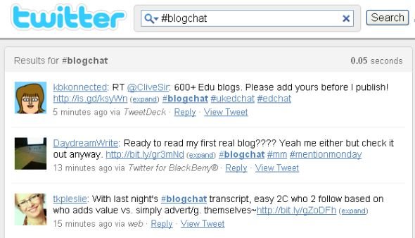 Screenshot of Twitter search result for #blogchat
