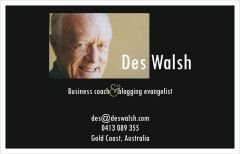 Des Walsh Business Card with text Business Coach & Blogging Evangelist