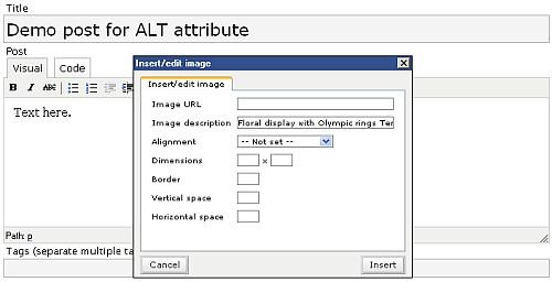 WordPress editing tool insert image box, with text